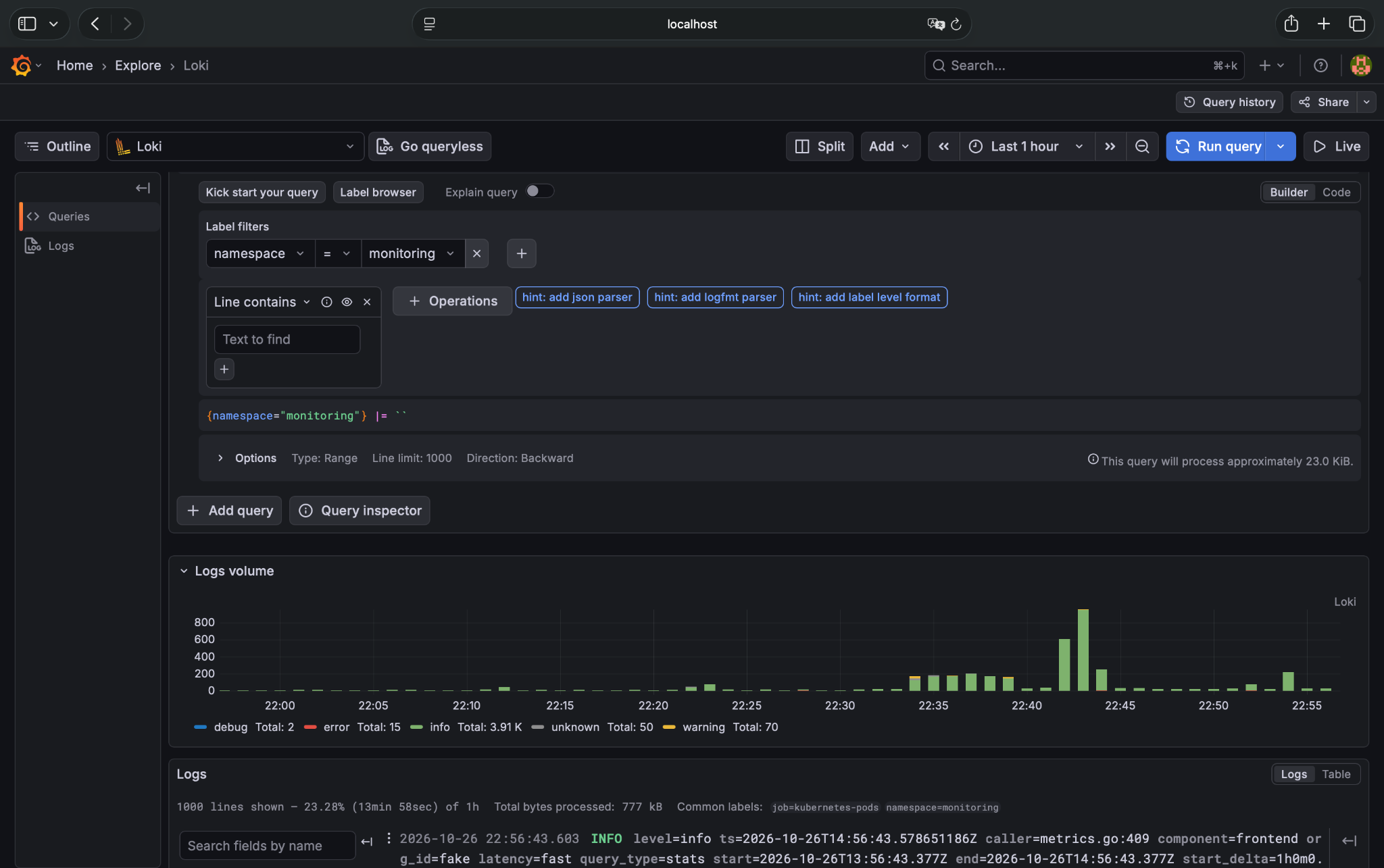 Grafana Explore 中 Loki 查询 monitoring 命名空间日志及日志量