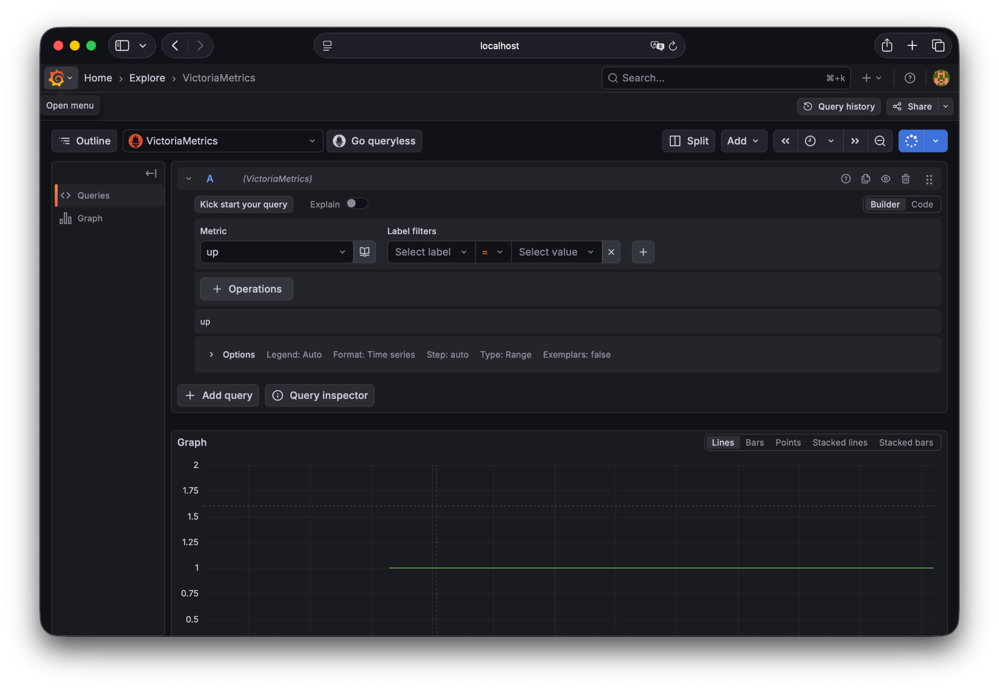 Grafana Explore 中 VictoriaMetrics 的 up 指标查询结果