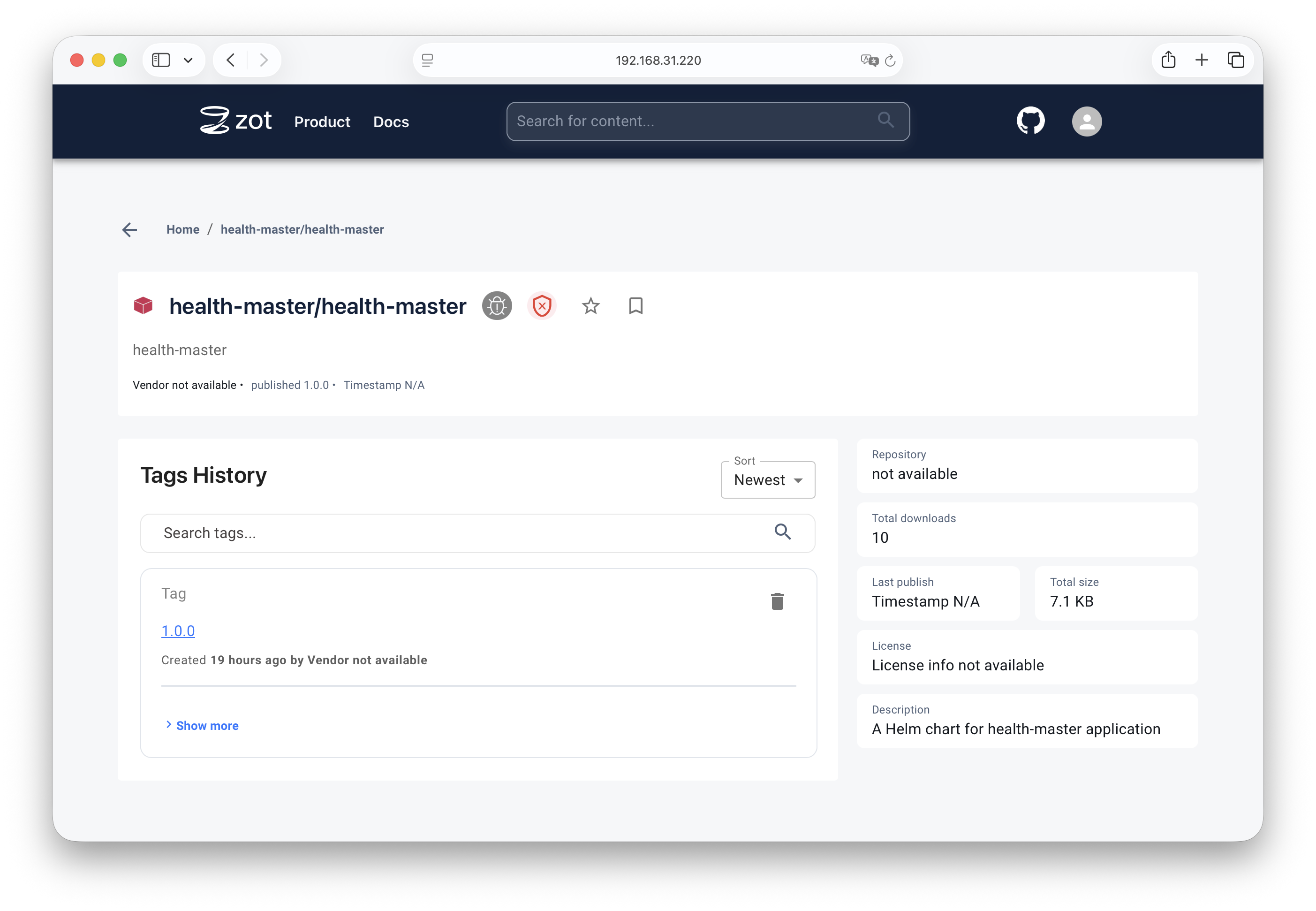 health master charts in zot registery